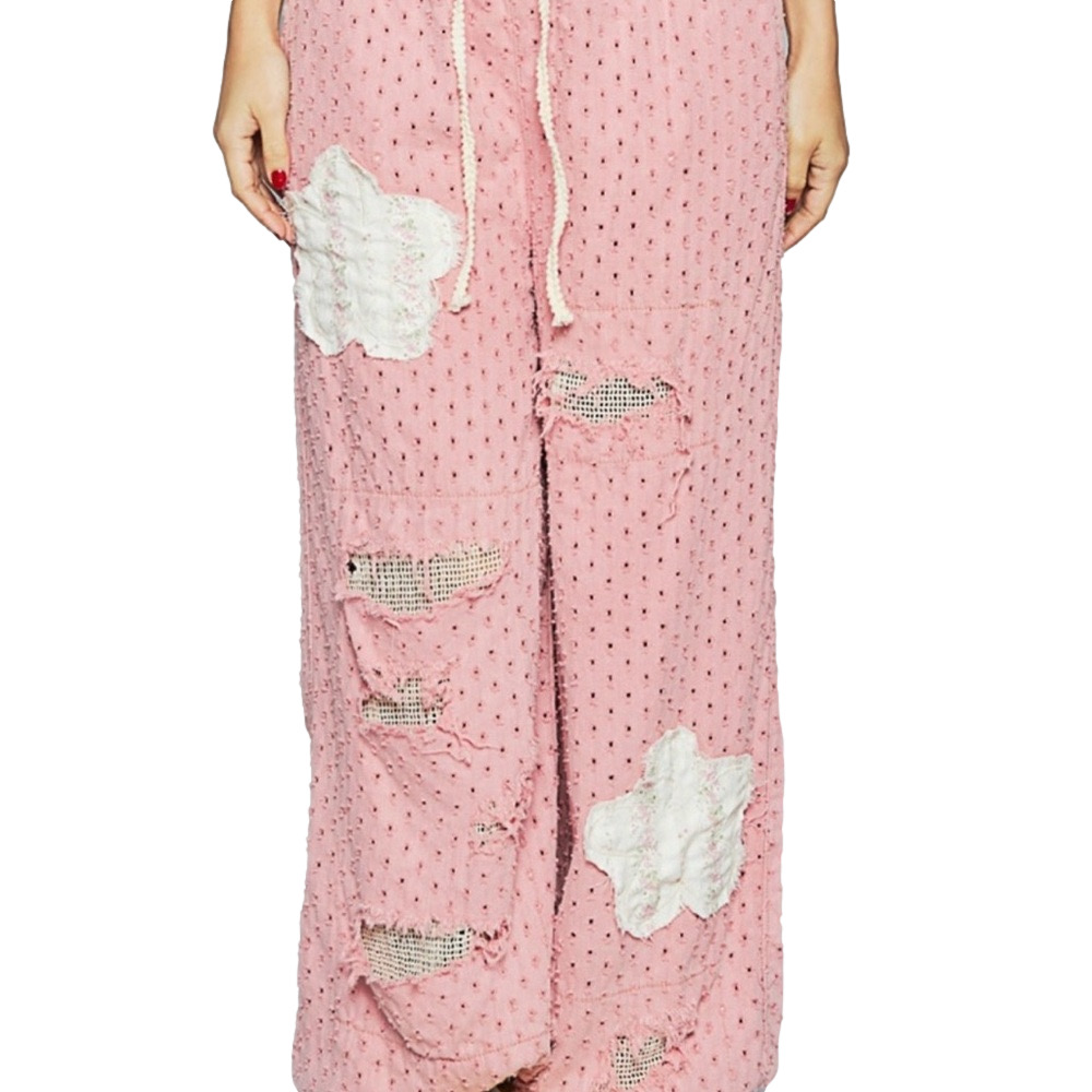 POL Pink distressed eyelet joggers with white floral patches drawstring waist - Picture 3 of 6